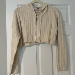 Fashion Nova Cream Cropped Ribbed Zip Hoodie